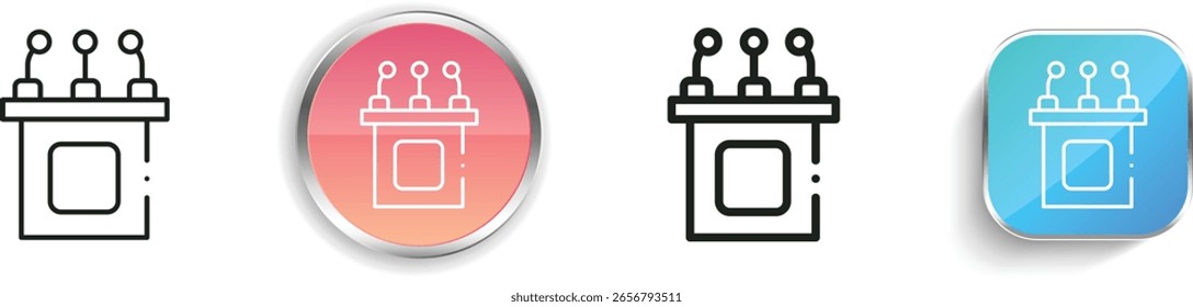 Symbol für öffentliche Vorträge. Design mit dünnen Linien, regelmäßigen Linien und Schaltflächen einzeln auf weißem Hintergrund