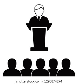 Public Speaking Icon Vector male Person on Podium for Presentation and Seminar for People with Microphone in Glyph Pictogram Symbol illustration - Vector. conference icon