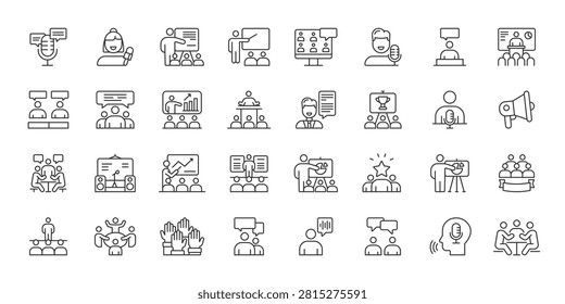 Public Speaking, icons in line design. Public speaking, communication, presentation, speaker, audience, speech, conference on white background vector. Public Speaking editable stroke icons