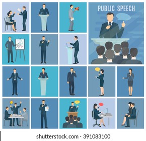 Public Speaking To Live Audience Workshops And Presentations Set Blue Background Flat Icons Set Abstract Isolated Illustration Vector