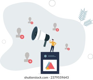Hablar en público y transmitir en vivo el discurso del líder.Confiable influencia de los medios sociales con compromiso de sus seguidores.Ilustración vectorial plana