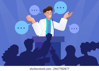 Public speaking man. Confident man behind podium during stage speech. Speaker talking before audience. Smiling spokesman before crowd of people. Flat vector illustration.