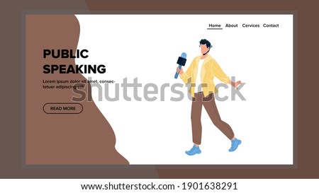 Public Speaking Man With Microphone Device Vector. Young Boy With Mic Public Speaking On Podium, Lecturer Talking On Business Training Or Webinar. Character Web Flat Cartoon Illustration