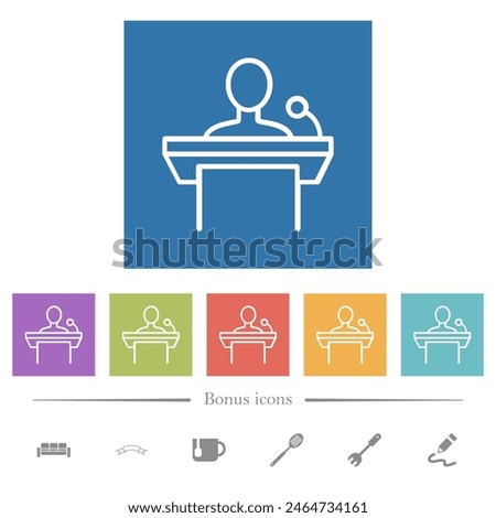 Public speaking outline flat white icons in square backgrounds. 6 bonus icons included.