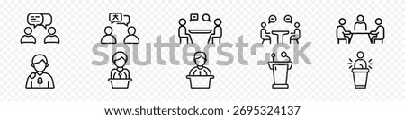 Public speaking outline icon set – Communication, meeting, conversation, discussion, group, presentation, and speech symbols