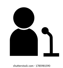 Icono de vector de contorno de habla pública. Firma del altavoz. Símbolo del entrenador docente. Micrófono en pie en el auditorio. Hablar de negocios. Ilustración de diseño de línea simple plana.
