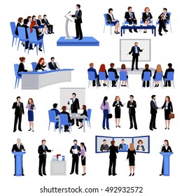 Public Speaking People Flat Icons Collection With Conference Meetings And Workshop Presentations Abstract Isolated Vector Illustration 