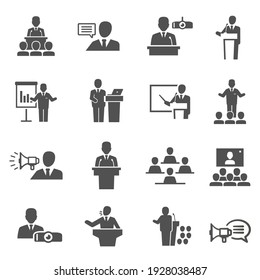 Public speaking, political debate, lecturer speech bold black silhouette icons set isolated on white. Presentation, meeting, students pictograms collection. Tribune, audience vector elements for web.