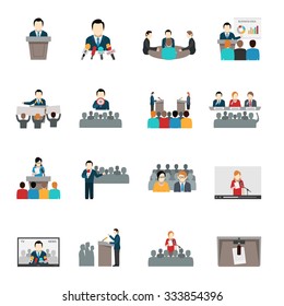 Public speaking politician businessman and teacher flat icons set isolated vector illustration