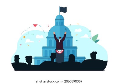 Public speaking politician flat vector illustration. Man wearing suit raising hands and giving speech to people. Politics, business, election concept for banner, website design or landing web page