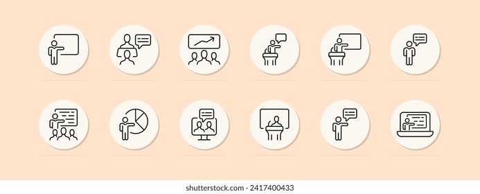 Icono de línea de conjunto de habla pública. Corporación, programación, promoción de una idea, crecimiento de carrera, comunicación con colegas. Fondo de color Pastel Icono de línea de vectores para empresas y publicidad