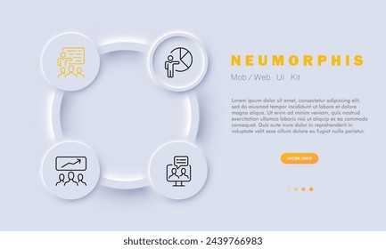 Public speaking set line icon. Corporation, laptop, presentation, pie chart, information analysis, pedistal. Neomorphism style. Vector line icon for business and advertising