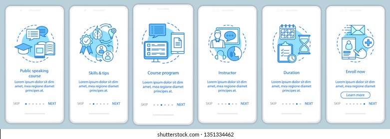 Clases de habilidades de habla pública a bordo de la plantilla vectorial de pantalla de la página de aplicaciones móviles. Escuela de profesionales hablantes. Recorrido de los pasos del sitio web con iconos lineales. UX, UI, concepto de interfaz de smartphone GUI