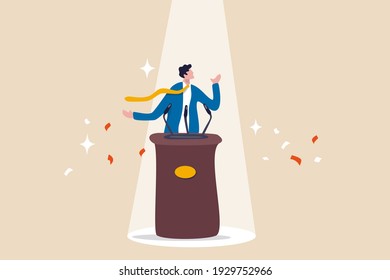 Public speaking skill, confident, charisma, hand gesture, voice and expression to win the audience concept, confidence businessman speaking in public on stage with podium, microphones, spotlight on.
