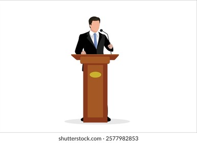 Public speaking skill, confident, charisma, hand gesture, voice and expression to win the audience concept, confidence businessman speaking in public on stage with podium, microphones, spotlight on.
