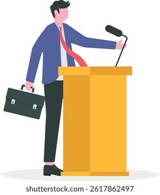 Public speaking skill, confident, charisma, hand gesture, voice and expression to win the audience concept, confidence businessman speaking in public on stage with podium, microphones, spotlight on.

