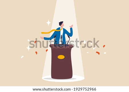 Public speaking skill, confident, charisma, hand gesture, voice and expression to win the audience concept, confidence businessman speaking in public on stage with podium, microphones, spotlight on.