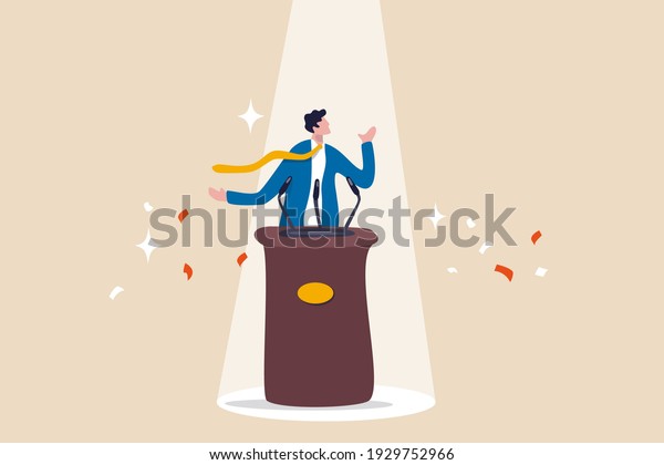 Public speaking skill, confident, charisma, hand\
gesture, voice and expression to win the audience concept,\
confidence businessman speaking in public on stage with podium,\
microphones, spotlight\
on.