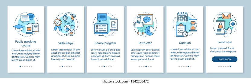 Public speaking skill course onboarding mobile app page screen with linear concepts. Professional speakers school walkthrough steps graphic instructions. UX, UI, GUI vector template with illustrations