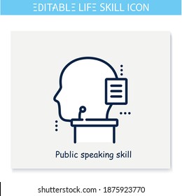 Public speaking skill line icon. Eloquence, oratory. Personality strengths and characteristics.Soft skills concept. Human resources management. Isolated vector illustration. Editable stroke 