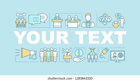 Public speaking skill word concepts banner. Your text here. Oratory and communication. Public relations. Isolated lettering typography idea with linear icons. Vector outline illustration