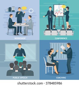 Public speaking skills coaching workshop presentation and conference 4 flat icons composition square abstract isolated illustration vector