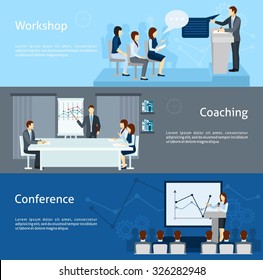 Public Speaking Skills Improving Coaching Workshop And Conference 3 Flat Horizontal Banners Set Abstract Isolated Vector Illustration