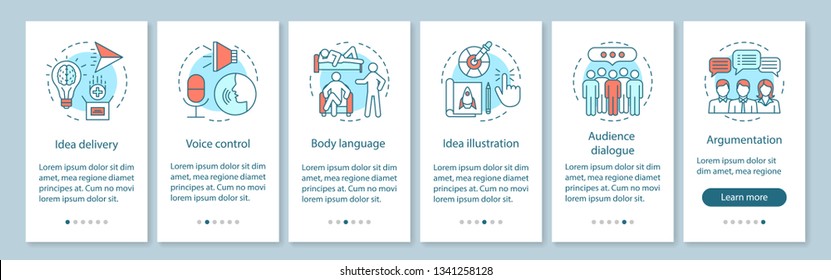 Public speaking skills onboarding mobile app page screen with linear concepts. Voice control, body language, audience dialog walkthrough graphic instructions. UX, UI, GUI vector template with icons