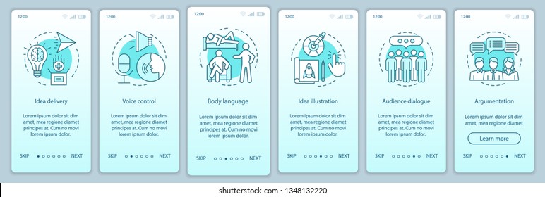 Public speaking skills onboarding mobile app page screen vector template. Voice control, body language, audience dialog. Walkthrough website steps with line icons. UX, UI, GUI smartphone interface
