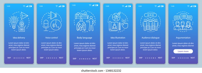 Public speaking skills onboarding mobile app page screen vector template. Voice control, body language, audience dialog. Walkthrough website steps with line icons. UX, UI, GUI smartphone interface