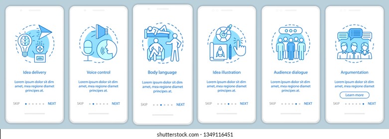 Public speaking skills onboarding mobile app page screen vector template. Voice control, body language, audience dialog. Walkthrough website steps. UX, UI, GUI smartphone interface concept