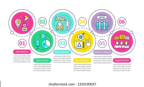 Public speaking skills vector infographic template. Idea delivery, body language, argumentation. Data visualization with six steps and option. Process timeline chart. Workflow layout with icons