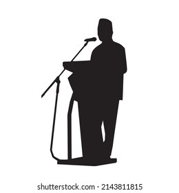 Public speaking. Speech of the tribune, a man speaks for a speaker. Speaker standing silhouette vector illustration isolated on white background.