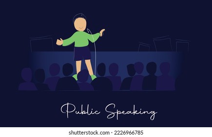 Public speaking, standup comedian. Public speech and presentation in front of audience. Presenter speaks to people. Lecturer in spotlight at education event. Flat vector illustration.