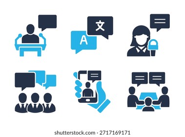 Conjunto de iconos de hablar en público y traducción. Iconos de la serie de glifos sólidos