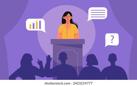 Public speaking woman concept. Young girl with microphone perform near audience. Talented speaker and orator answer to question. Press conference or seminar. Cartoon flat vector illustration