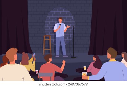 public speech background. public speech from stage performance, comic standing with microphone, lecture talk from podium humor comedy show. vector cartoon conceptual background.