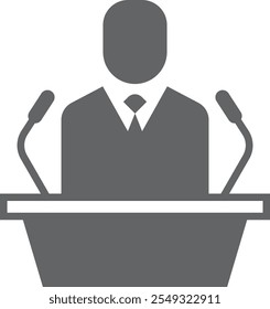 Public speech black icon. Man talking from tribune