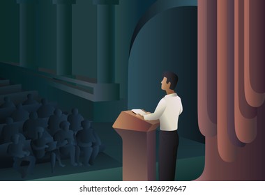 Public speech, business man, concert hall, tribune, curtain, vector illustration, flat design