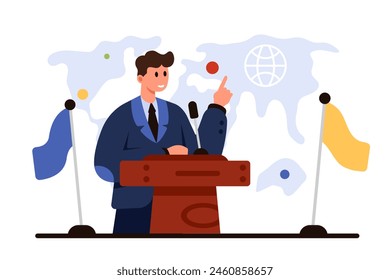 Public speech by diplomat or politician at conference, meeting of international leaders. Tiny confident speaker speaking at podium with microphone near flags and world map cartoon vector illustration