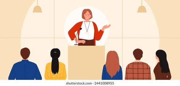 Public speech by speaker at podium in front of audience. Happy woman standing at rostrum with microphone, young female leader speaking to crowd of people on meeting cartoon vector illustration