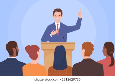 Public speech of confident man leader in front of audience vector illustration. Cartoon male speaker character speaking to crowd of people politician in suit standing at podium with microphone to talk