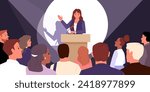 Public speech of female leader and politician on stage with microphone, lecture and talk from tribune of orator with hand up cartoon vector illustration. Woman speaker speaking from podium
