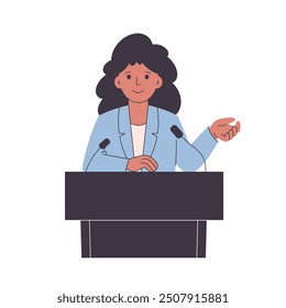 Public speech of female leader and politician on stage with microphone. Political debates concept with candidates. Vector illustration in flat style