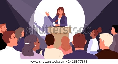 Public speech of female leader and politician on stage with microphone, lecture and talk from tribune of orator with hand up cartoon vector illustration. Woman speaker speaking from podium