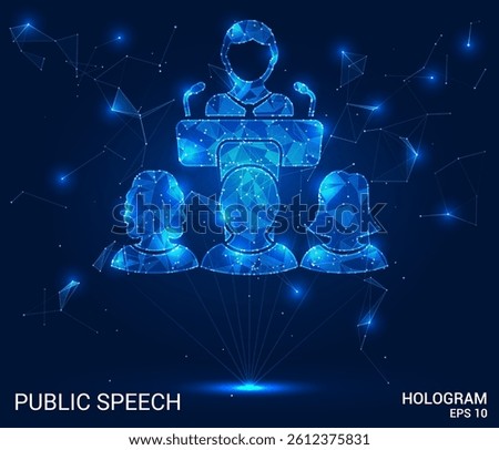 Public speech hologram. Public speech is made of polygons, triangles, dots, and lines. Public speech is a low-poly compound structure. Technology concept vector.