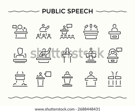Public Speech icon set. Contains related to presentation, conference, dialog, speaking, speaker, speech, talk and more. Icons for website. Editable vector art. Conference icon set.