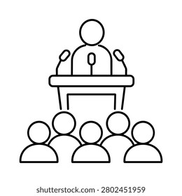 Public speech icon with speaker at podium and audience for press conference, media briefing and news event vector illustration