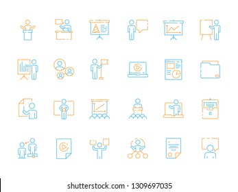 Public speech icons. Business presentation instructor classroom meeting seminar conference vector colored symbols