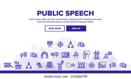 Public Speech Landing Web Page Header Banner Template Vector. Public Speech, Oratorical Skills. Presentation, Interpersonal Communication, Political Debates, Press Conferences Illustration